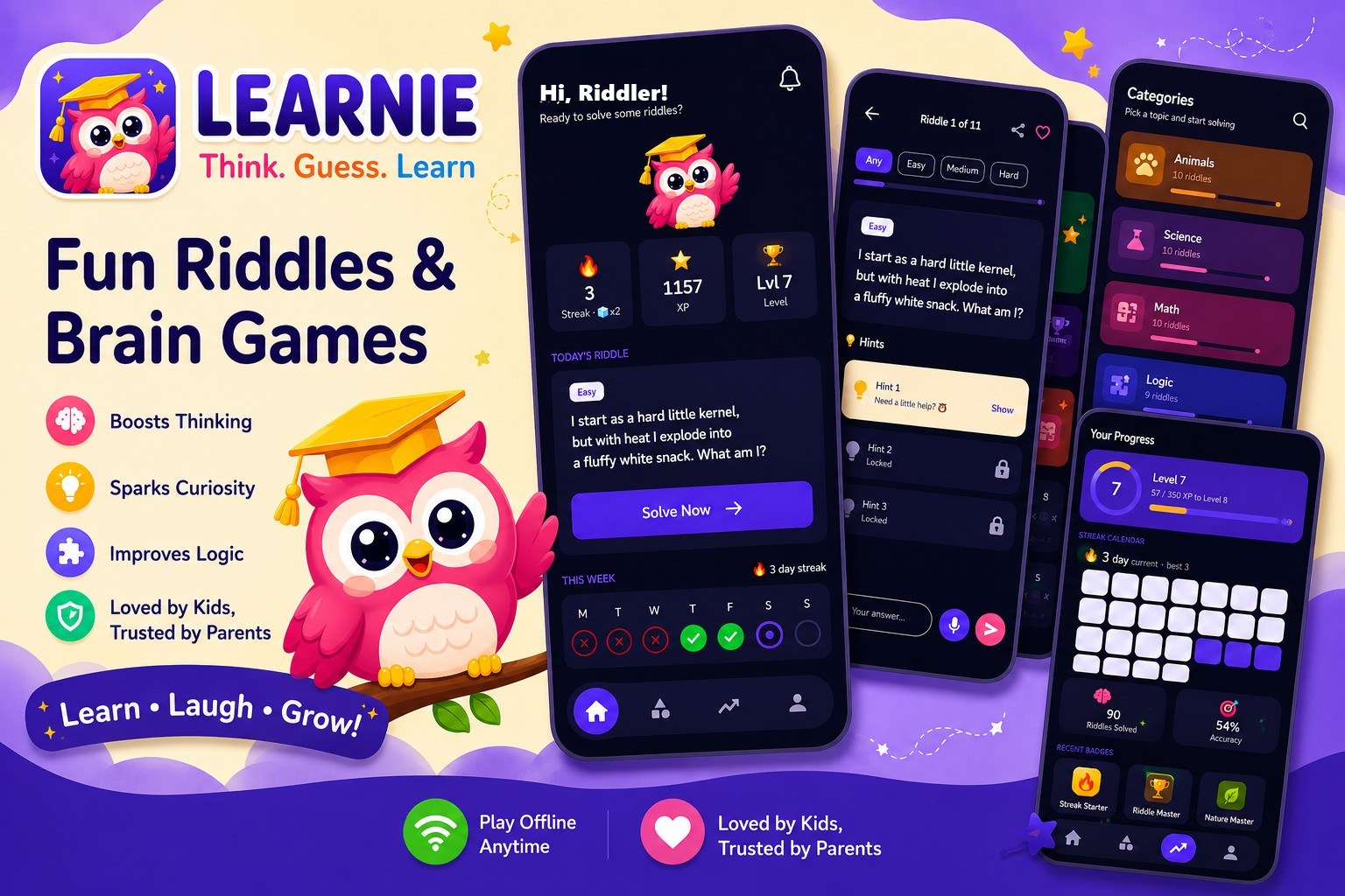 Learnie app feature graphic — daily riddles and 10+ brain games for kids and adults