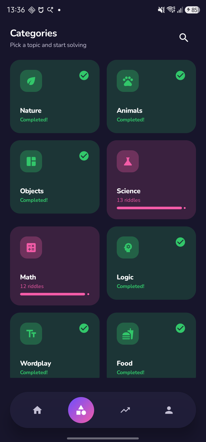 Learnie categories grid with progress bars