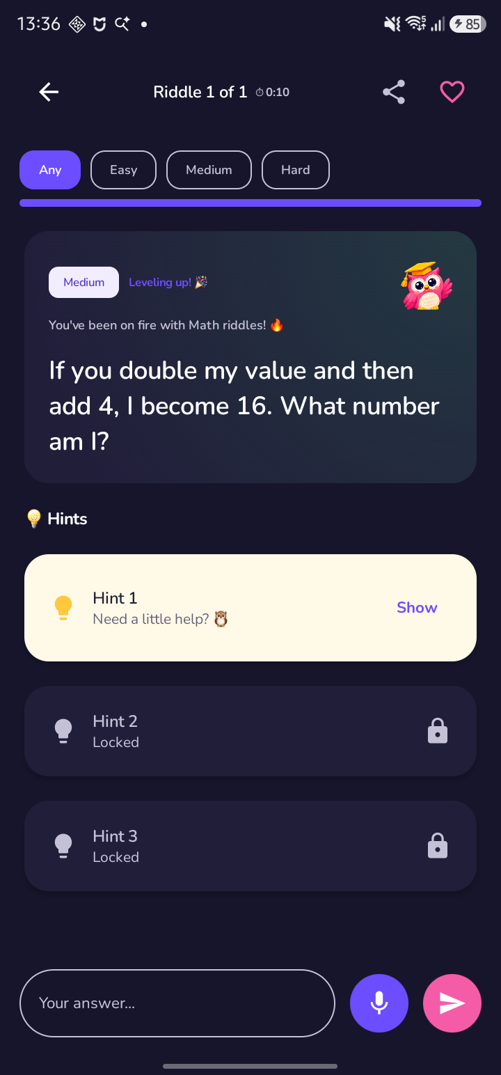 Learnie riddle screen with progressive hints